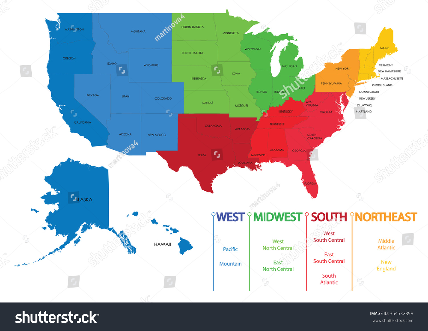 Map Of Us Regions Map Us Regions Maps Usa: Stockvector (Rechtenvrij) 354532898