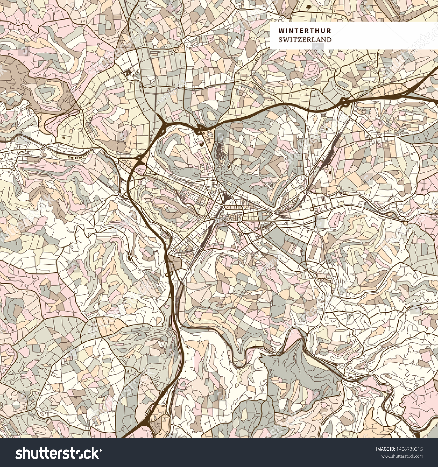 SVG of Map of Winterthur, brown colored version for Apps, Print or web backgrounds svg