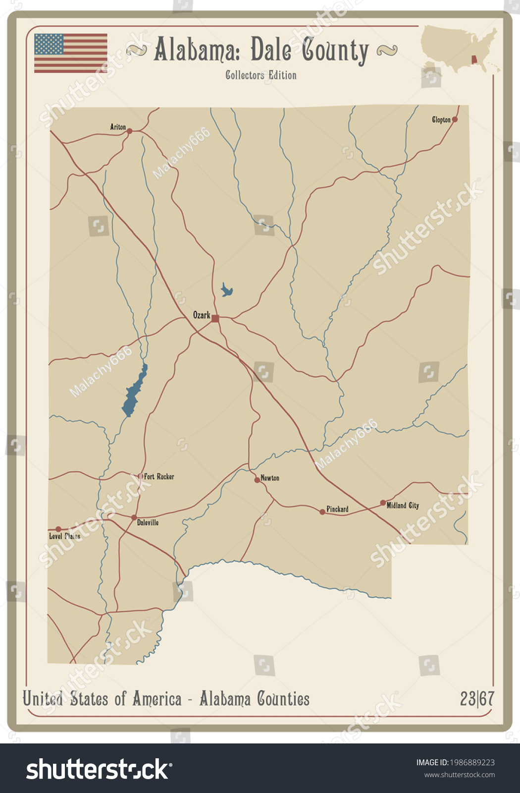 SVG of Map on an old playing card of Dale county in Alabama, USA. svg
