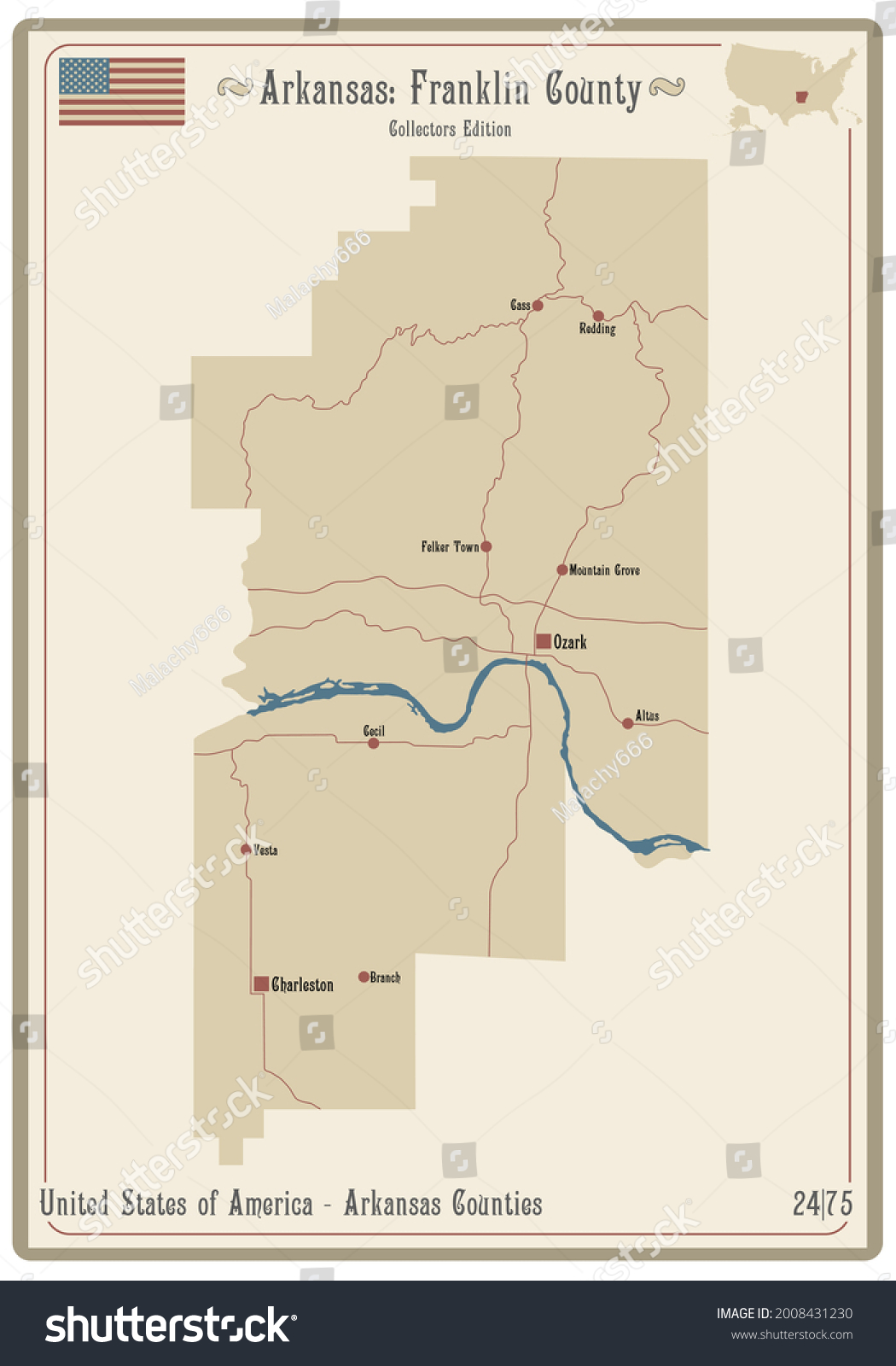 SVG of Map on an old playing card of Franklin county in Arkansas, USA. svg