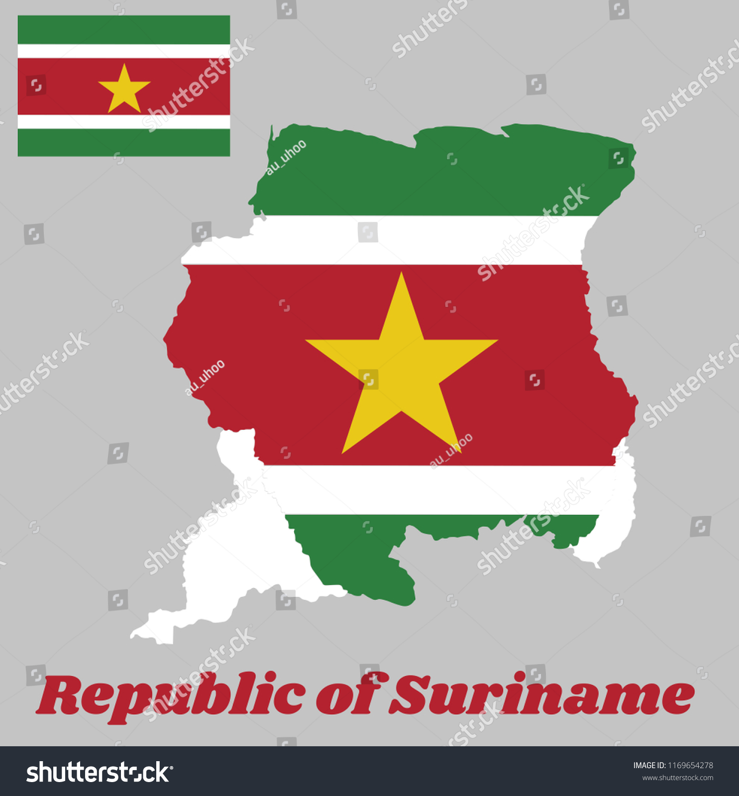 Map Outline Flag Suriname Horizontal Triband เวกเตอร์สต็อก ปลอดค่า