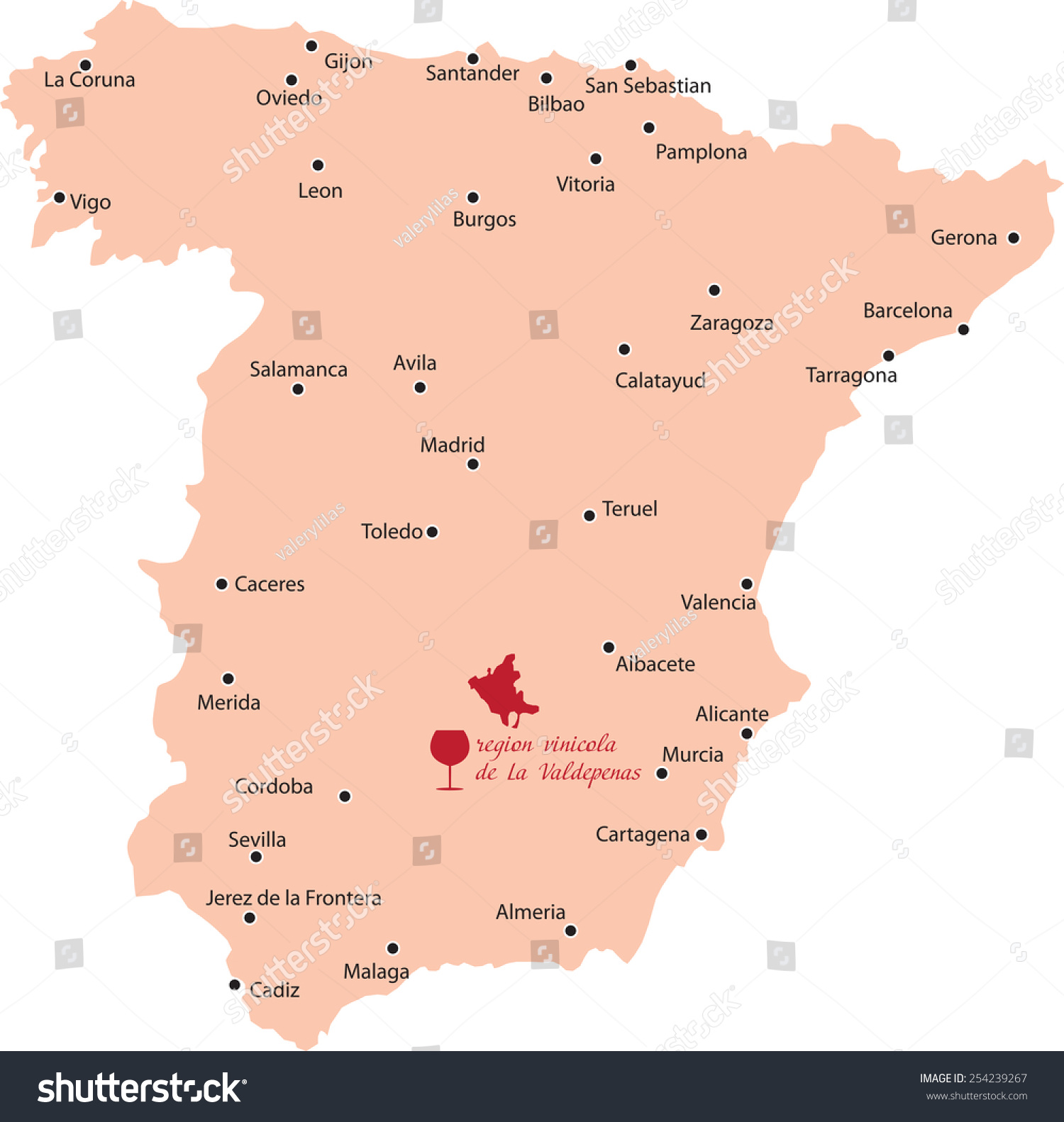 Map Region Of Valdepenas In Spain Stock Vector Illustration 254239267 ...