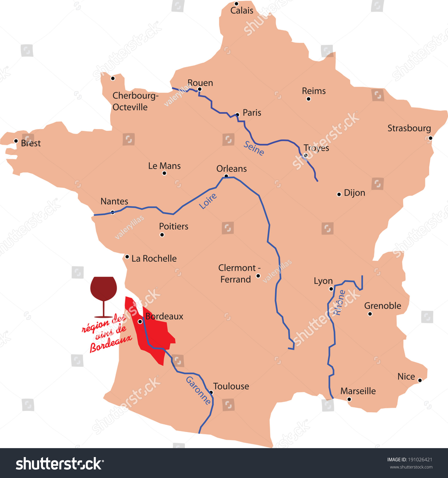 Map Wine Region Bordeaux France Stock Vector Royalty Free 191026421