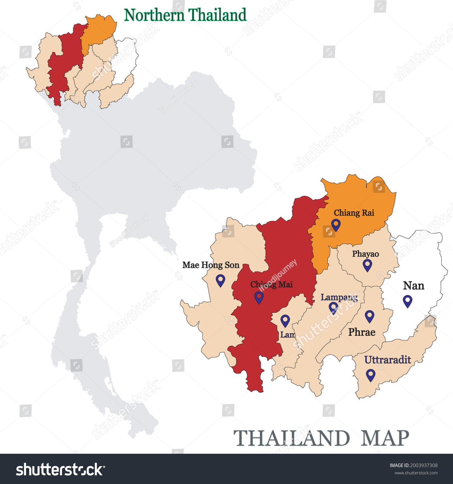 SVG of Maps of Northern Thailand with 9 Province, Chiang mai, Chiang rai, Phrae, Phayao, Lampang, Maehhongson, Uttaradit, Lamphun, Nan and focus on Chiang Mai with red colour and blue pin map svg