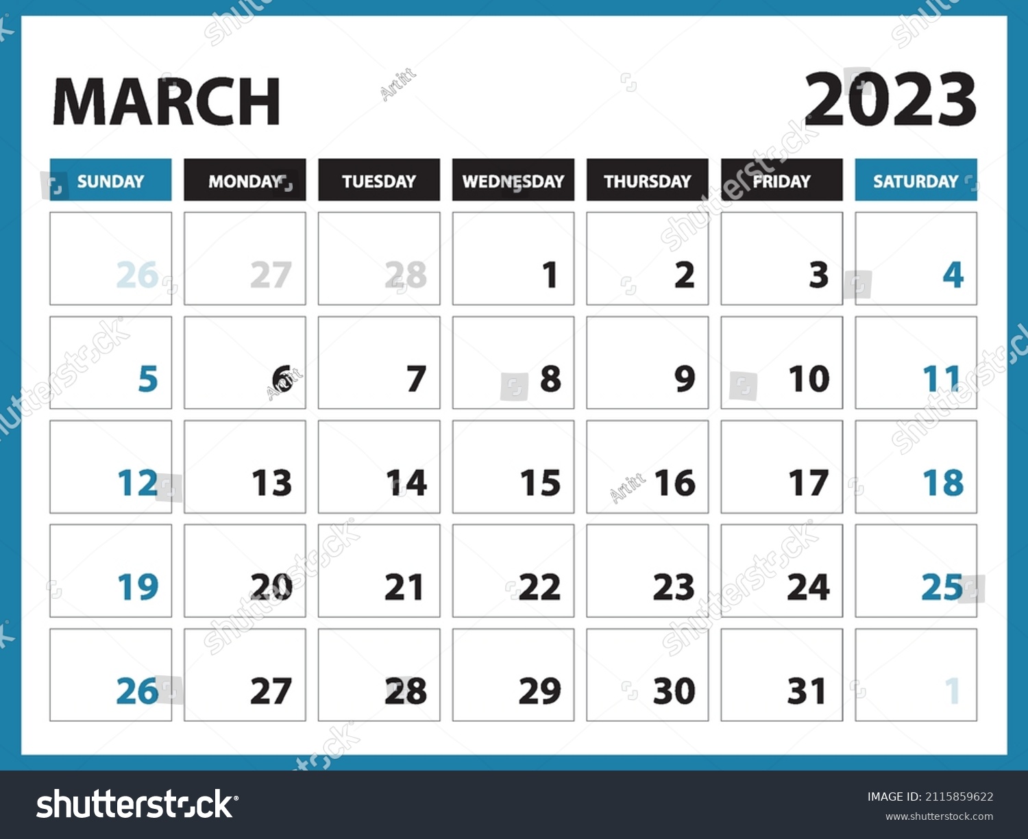 March 2023 Calendar Printable Calendar 2023 Stock Vector (Royalty Free ...