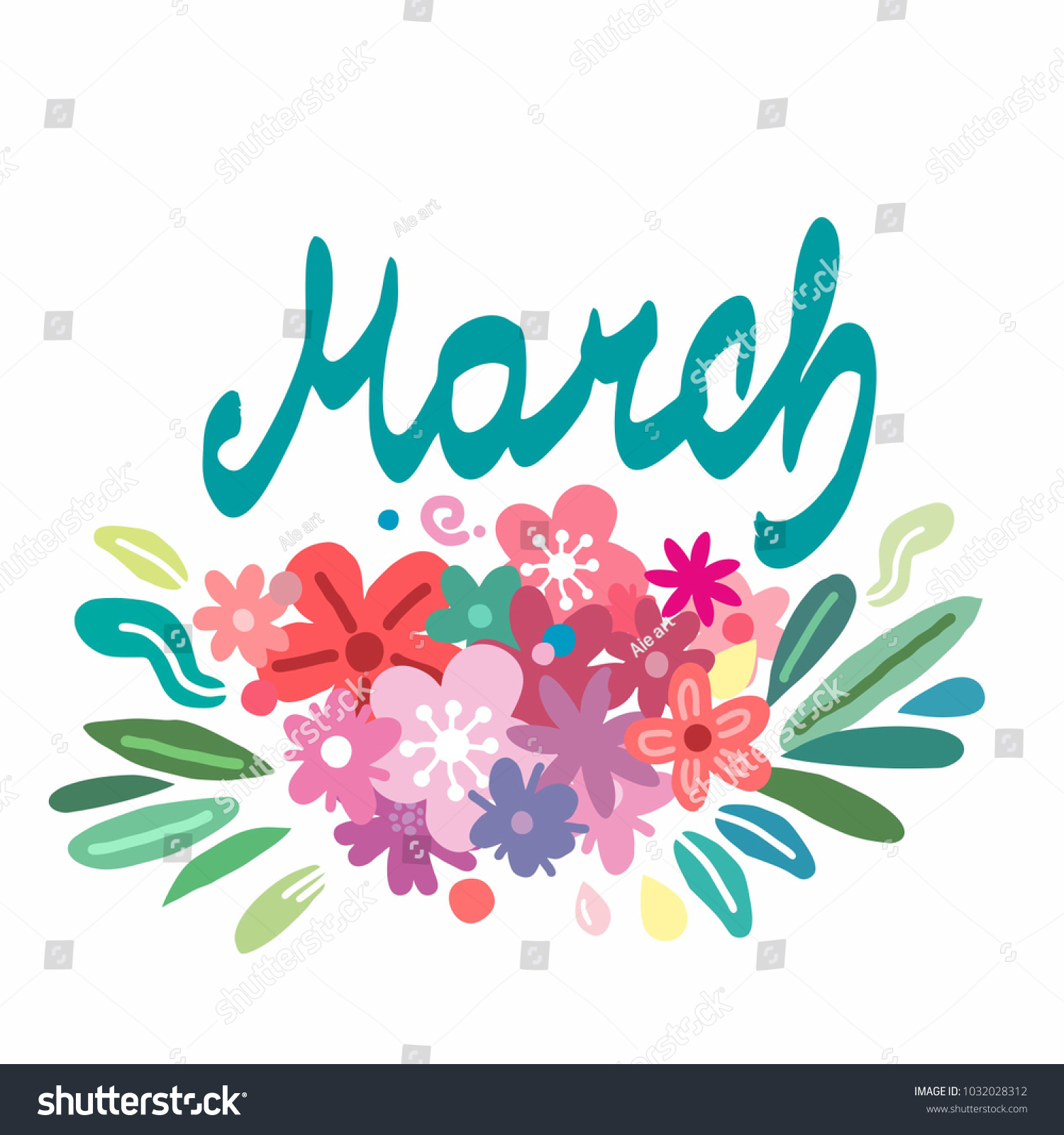 March Month Name Lettering Flowers Leaves Stock Vector (Royalty Free ...