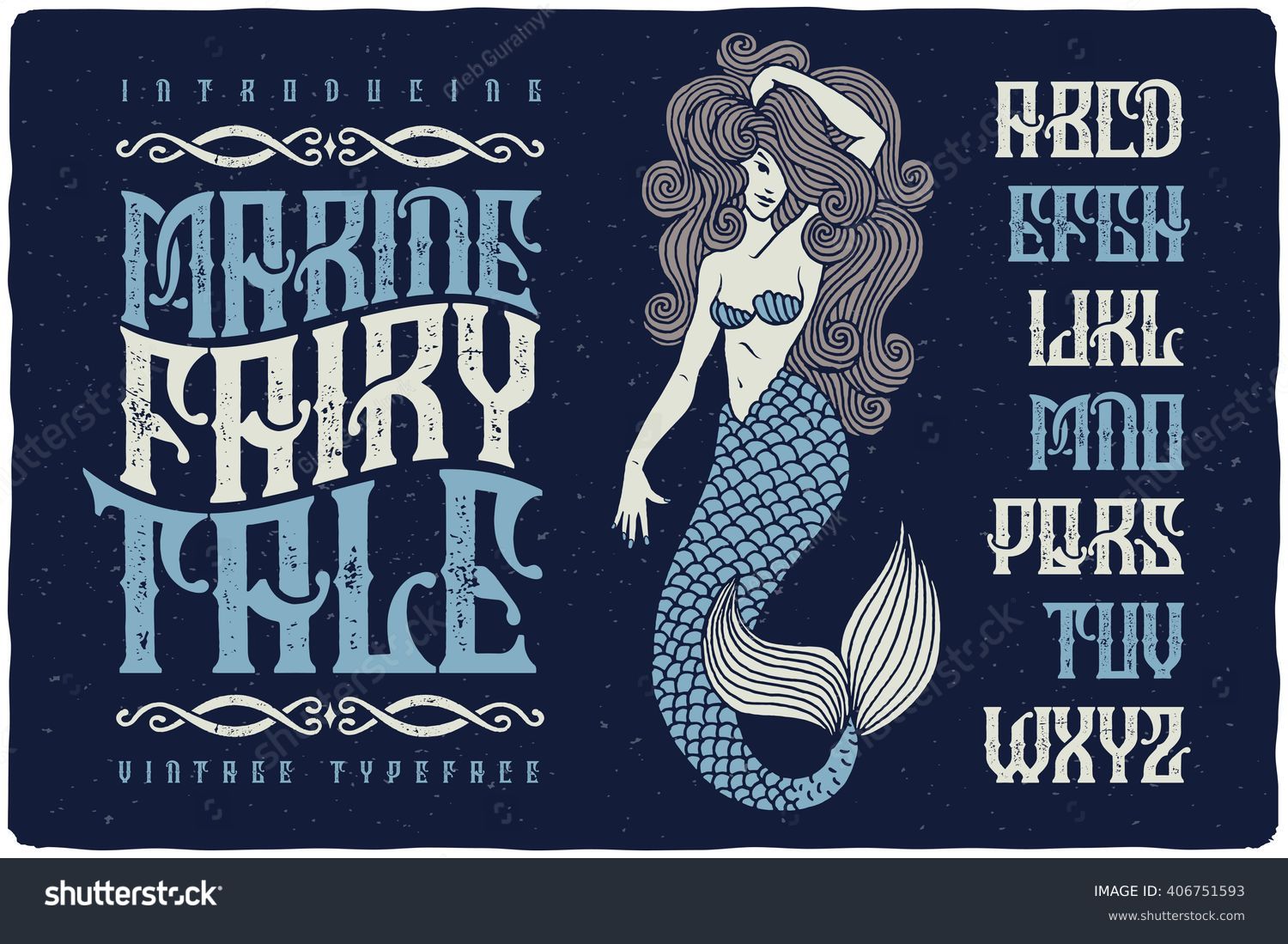 marine fairytale font beautiful mermaid illustration stock vector marine font