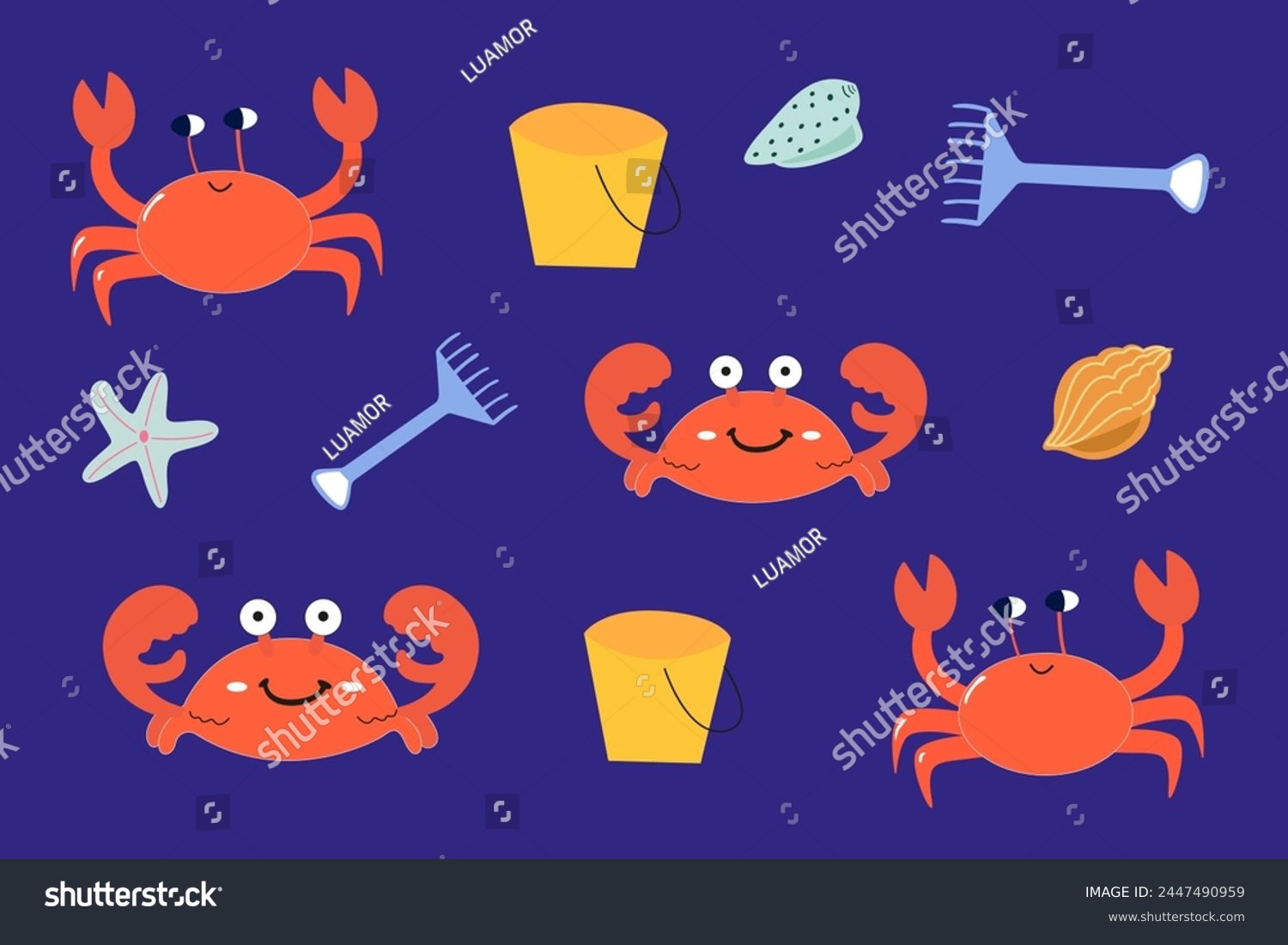 SVG of Marine life illustration, animals of the underwater world, vector cartoon red crabs, starfish vector, seashell vector, cartoon animal style, sandbox, rake and bucket svg
