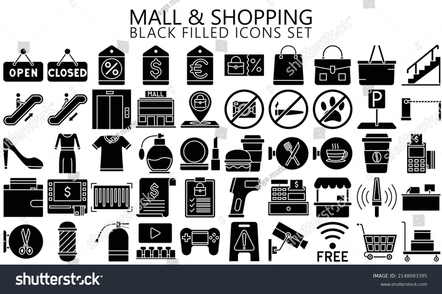 SVG of Market and Shopping mall, retail, black filled icons set with sale offer and payment symbols. Outline icons collection. Used for web, UI, UX kit and applications, vector EPS 10 ready convert to SVG svg