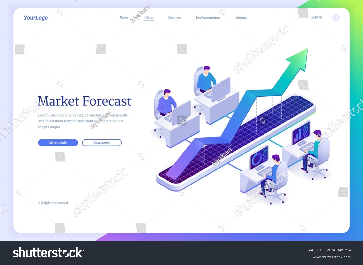 SVG of Market forecast isometric landing page. Brokers characters trying to predict stock economic for making financial benefit growth. Prediction of trends, business forecast concept. 3d vector web banner svg