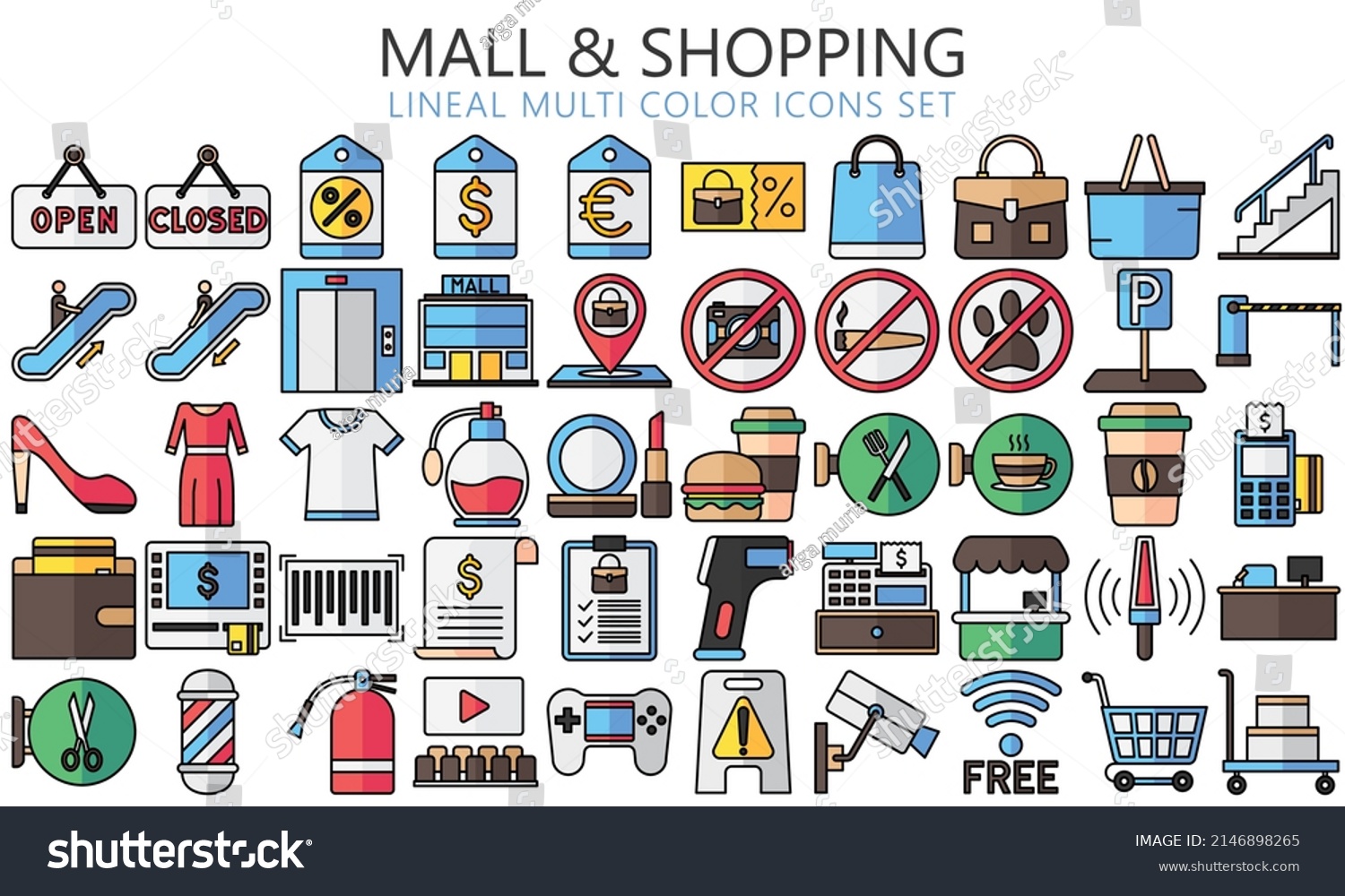 SVG of Market Shopping mall, retail, lineal multi color icons set with sale, bag, basket, offer, store and payment symbols. Used for web, UI, UX kit and applications, vector EPS 10 ready convert to SVG svg