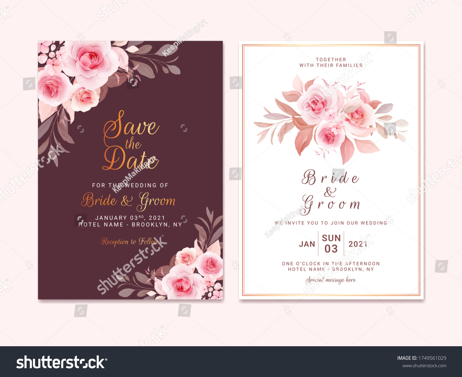 Maroon Wedding Invitation Template Set Romantic Stock Vector (Royalty
