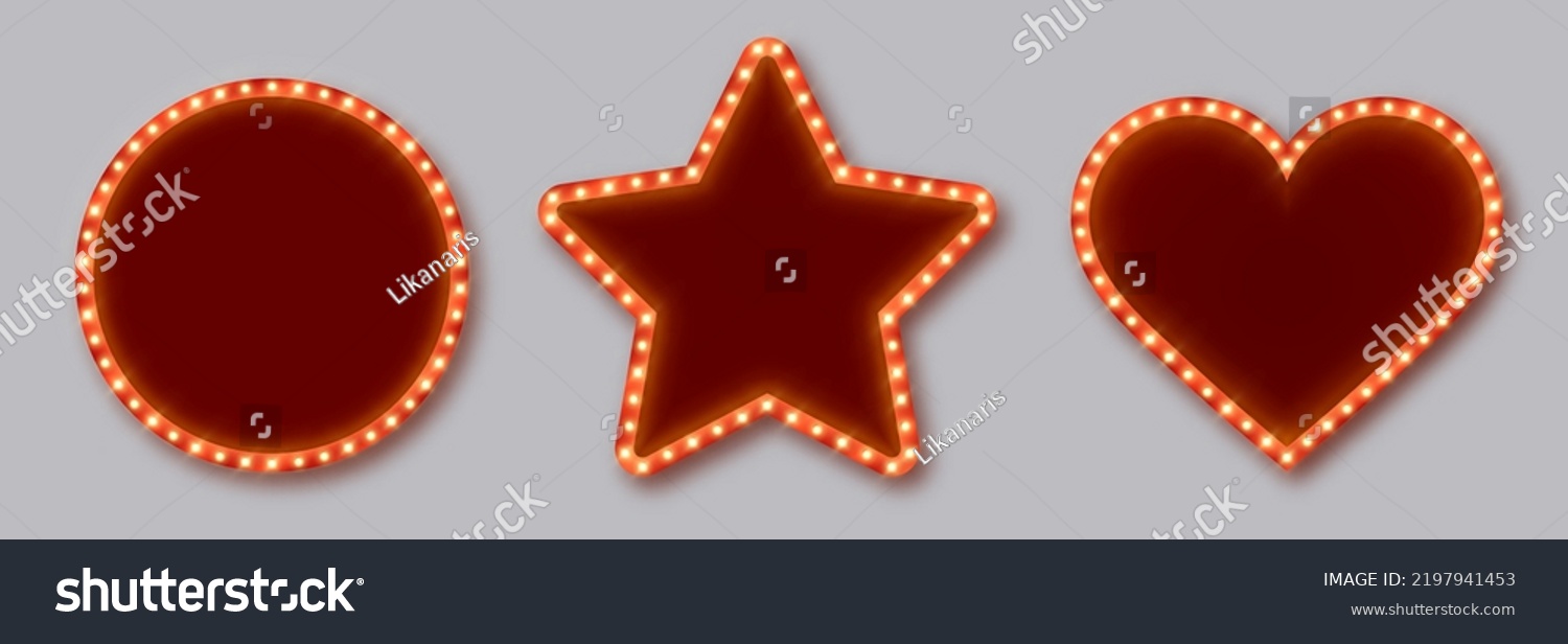 SVG of Marquee frames with red border, retro casino signboards with white background and light bulbs. Vintage circus banners in different shapes - circle, star, heart. Vector illutration. svg