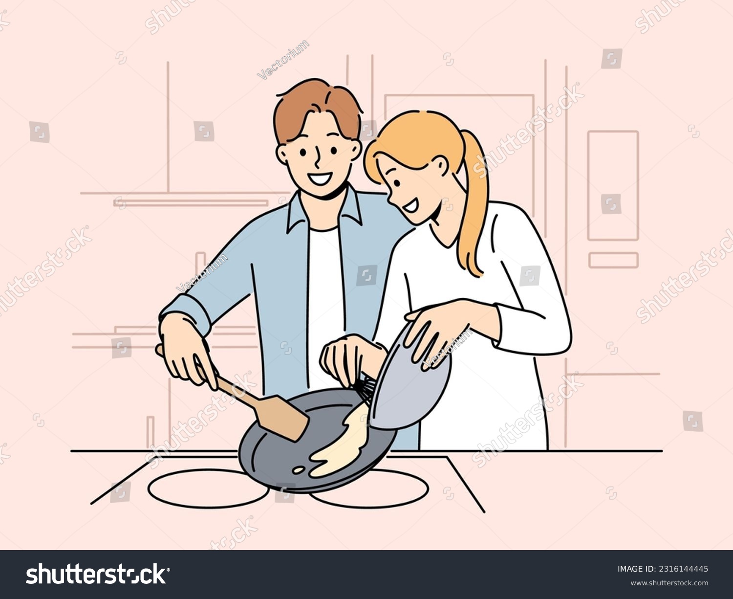 SVG of Married couple prepares breakfast enjoying sunday morning and experiencing happiness from communicating with loved one. Happy couple of man and woman cooking pancakes or omelet together svg