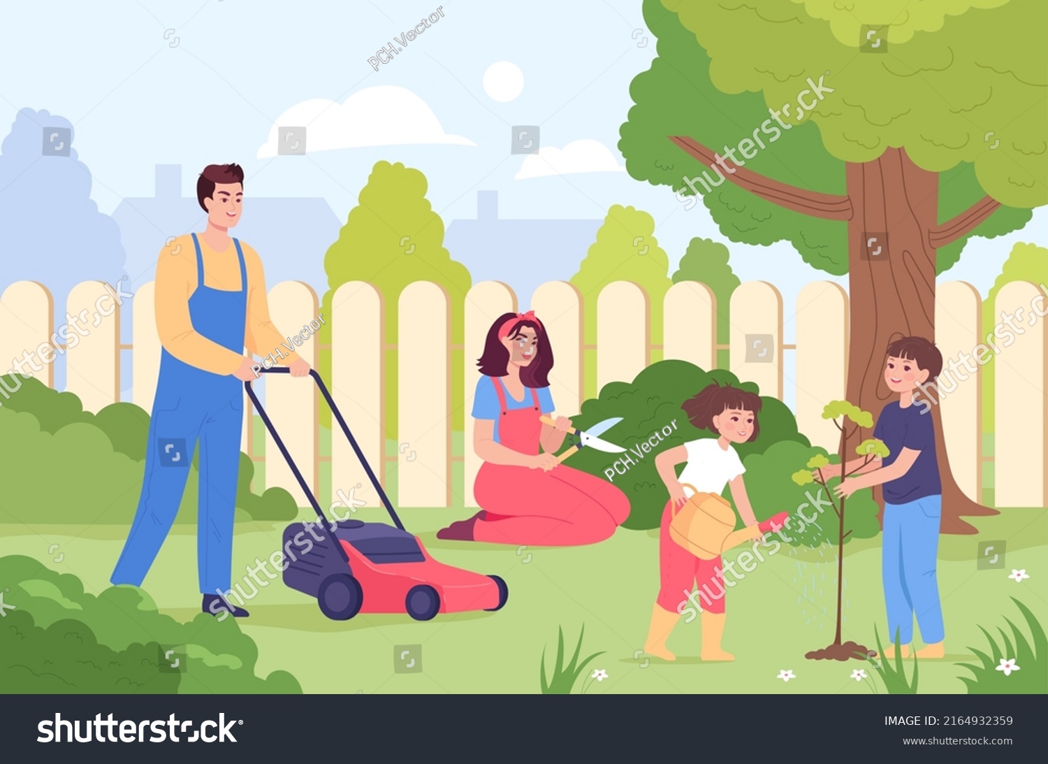 Married Couple Children Working Garden Yard Stock Vector (Royalty Free ...