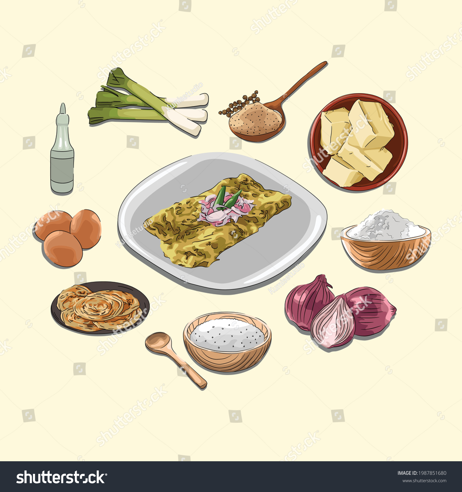 SVG of Martabak Aceh Khas Aceh And Ingredients, Sketch And Vector Style, Traditional Food From Aceh, Good to use for restaurant menu, Indonesian food recipe book, and food content. svg