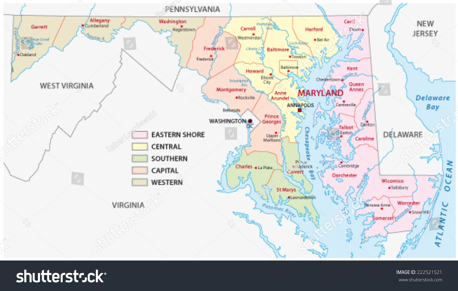 Maryland Regions Map Stock Vector 222521521 - Shutterstock