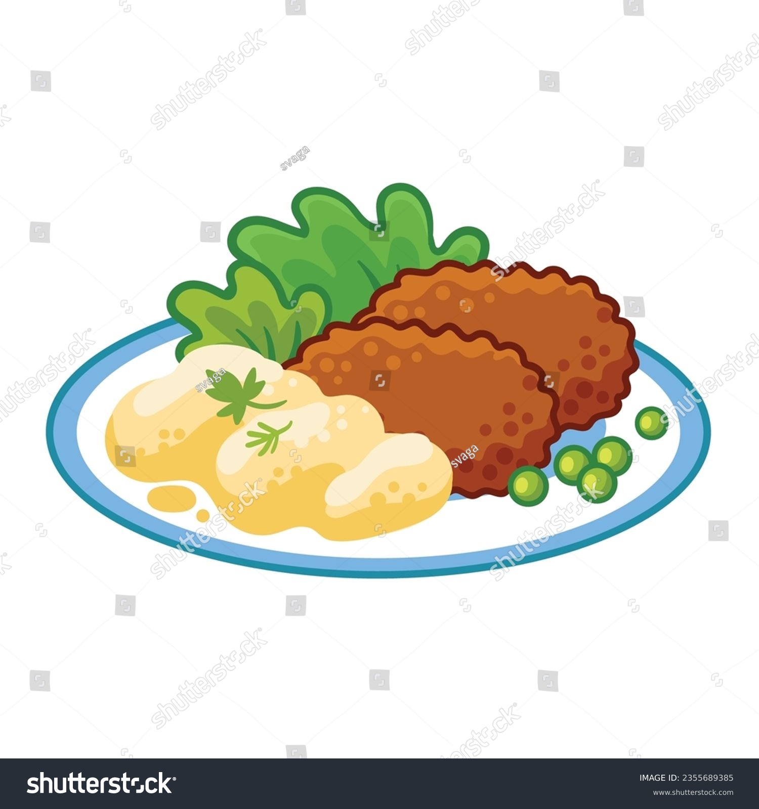 SVG of Mashed potatoes with cutlets, green peas and salad on a white plate. Vector illustration in cartoon style on white background. svg