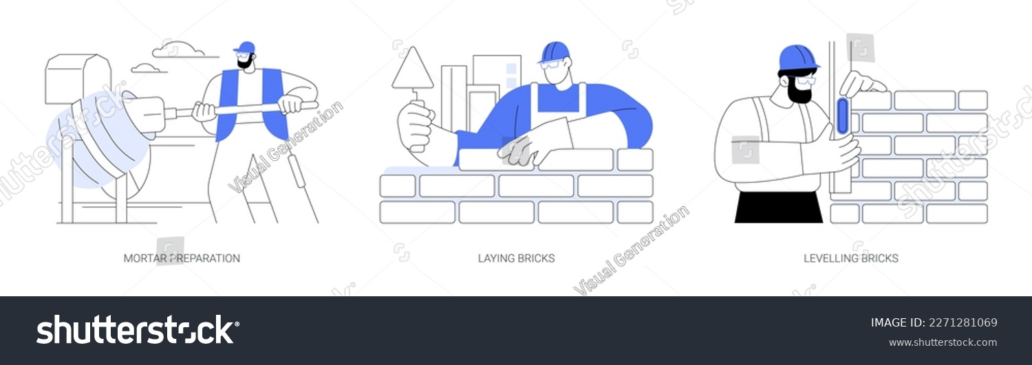 SVG of Masonry in private house building abstract concept vector illustration set. Mortar preparation, laying and levelling bricks, brickwork and block work, hire contractor abstract metaphor. svg