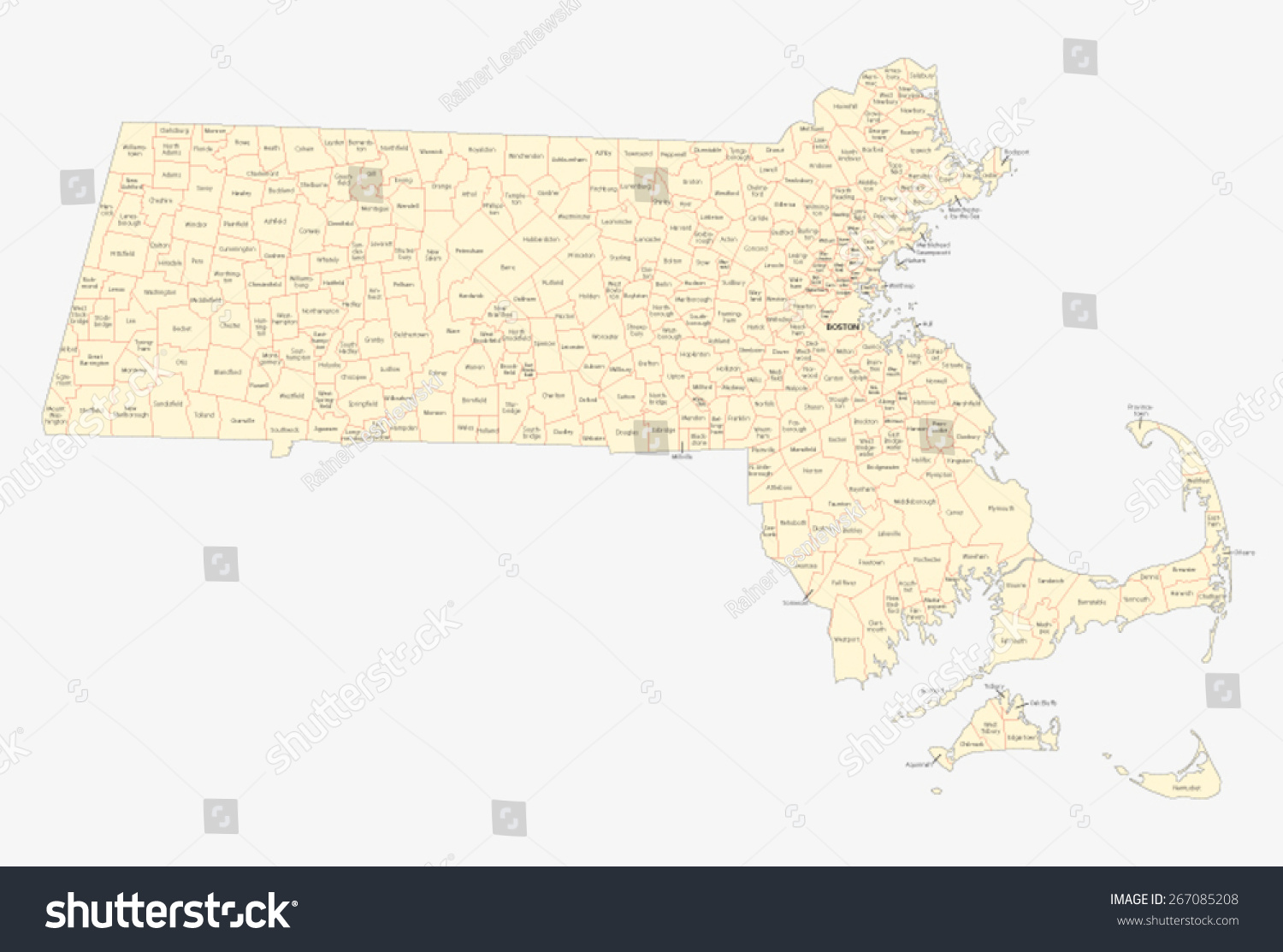 Massachusetts Cities And Towns Map Stock Vector Illustration 267085208 ...