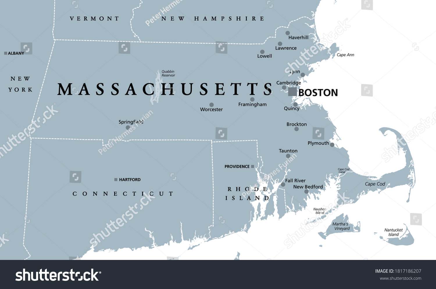 SVG of Massachusetts, gray political map, with capital Boston. Commonwealth of Massachusetts, MA. Most populous state in the New England region of United States. The Bay State. English. Illustration. Vector. svg