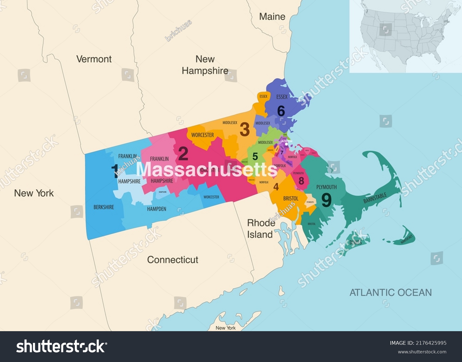Stock Vector Massachusetts State Counties Colored By Congressional Districts Vector Map With Neighbouring States 2176425995 