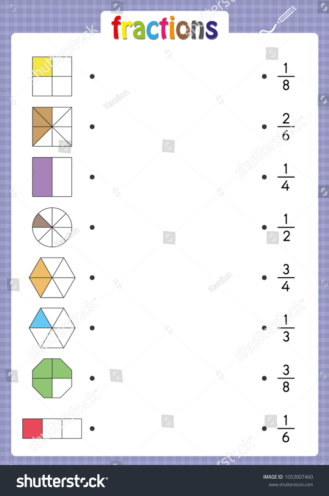 match shapes correct fractions math worksheet stock vector royalty free 1053007460