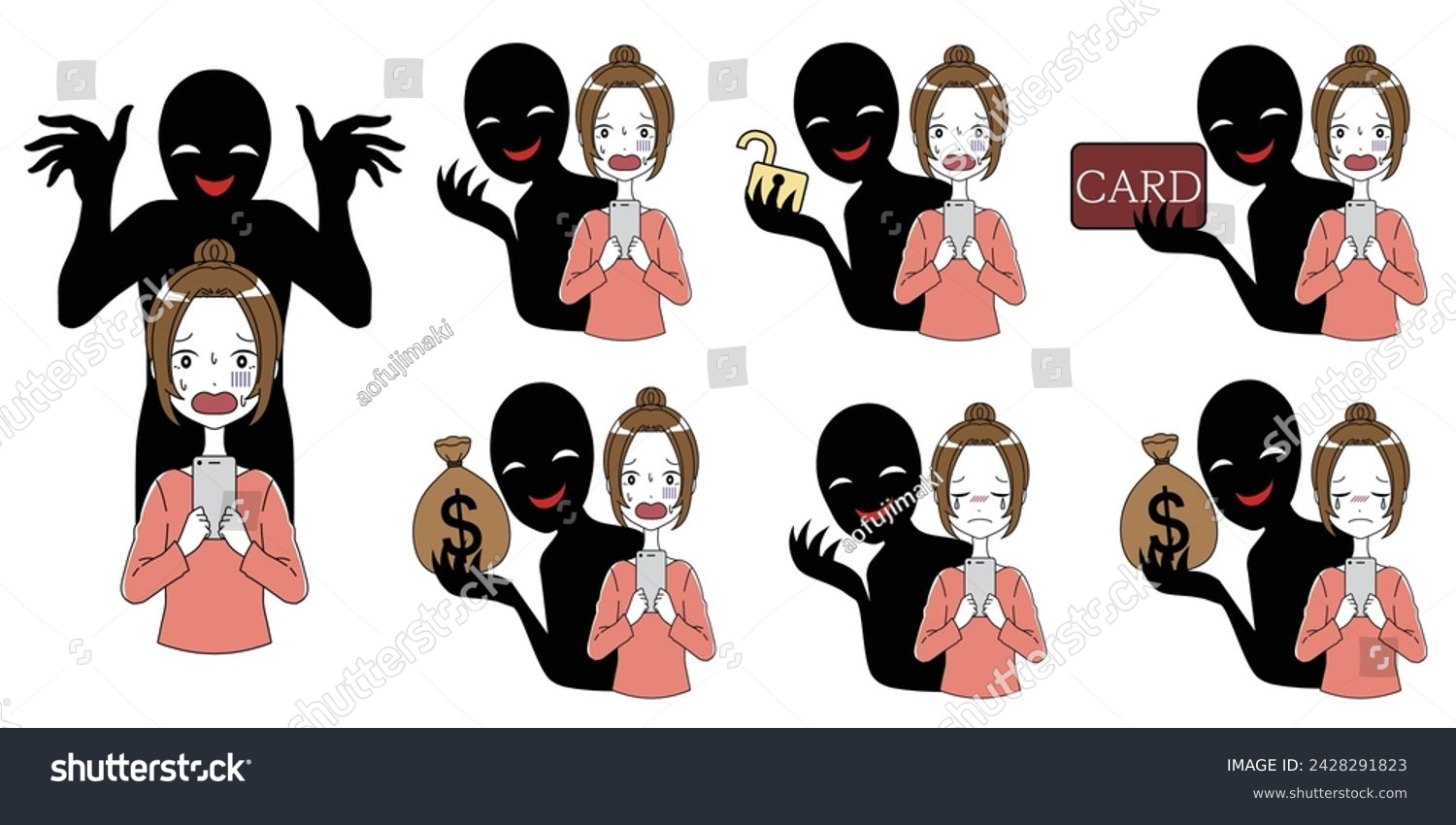 SVG of Material set of a woman with a smartphone targeted by a bad guy svg