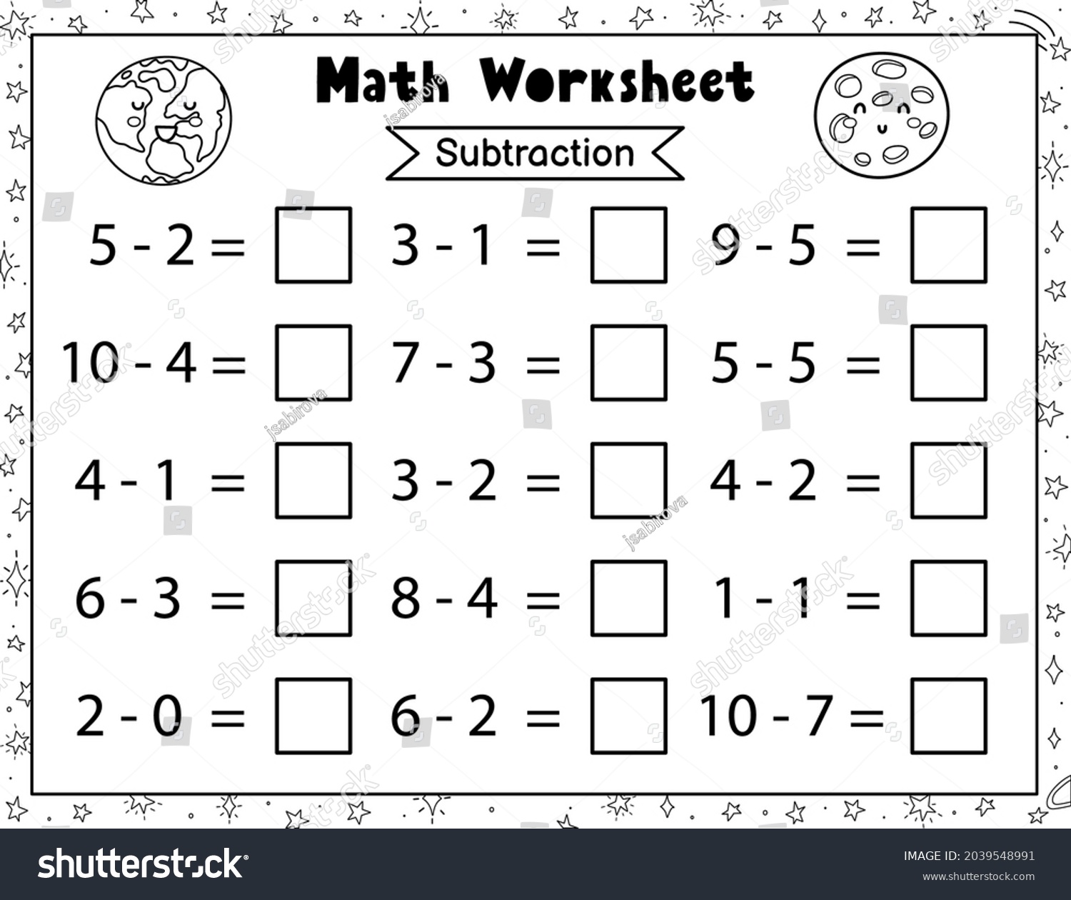 math worksheet kids subtraction space black stock vector royalty free 2039548991 shutterstock