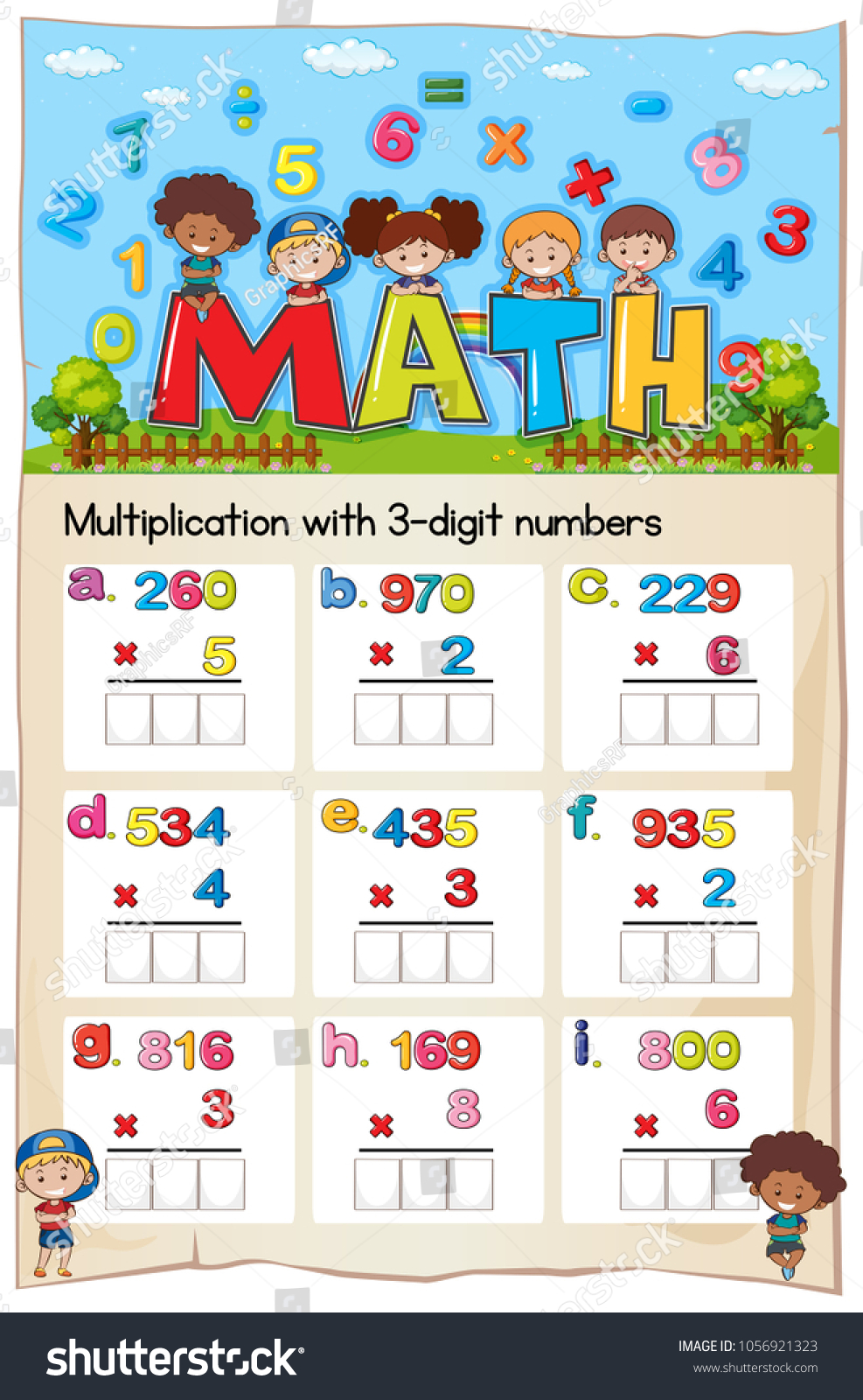 math worksheet multiplication three digit numbers stock vector royalty free 1056921323