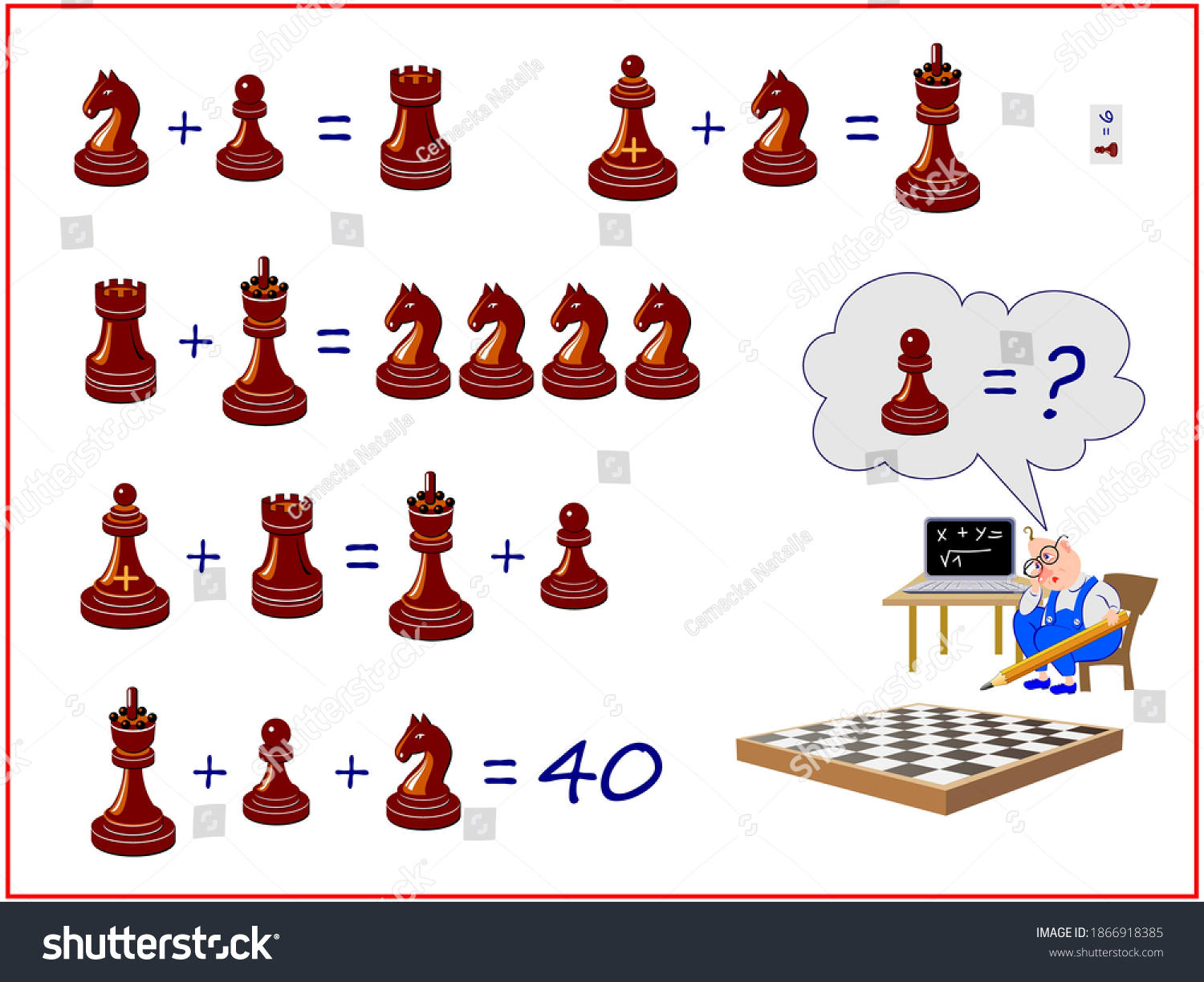 SVG of Mathematical logic puzzle game for smartest. How much is the pawn? Solve examples and count the price of all chess pieces. Page for brain teaser book. Memory training exercises for seniors. svg