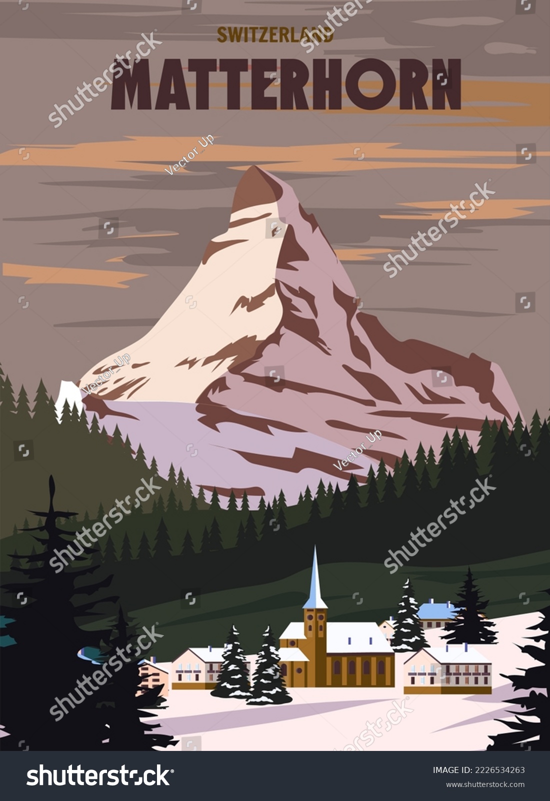 SVG of Matterhorn Ski resort poster, retro. Alpes Winter travel card svg