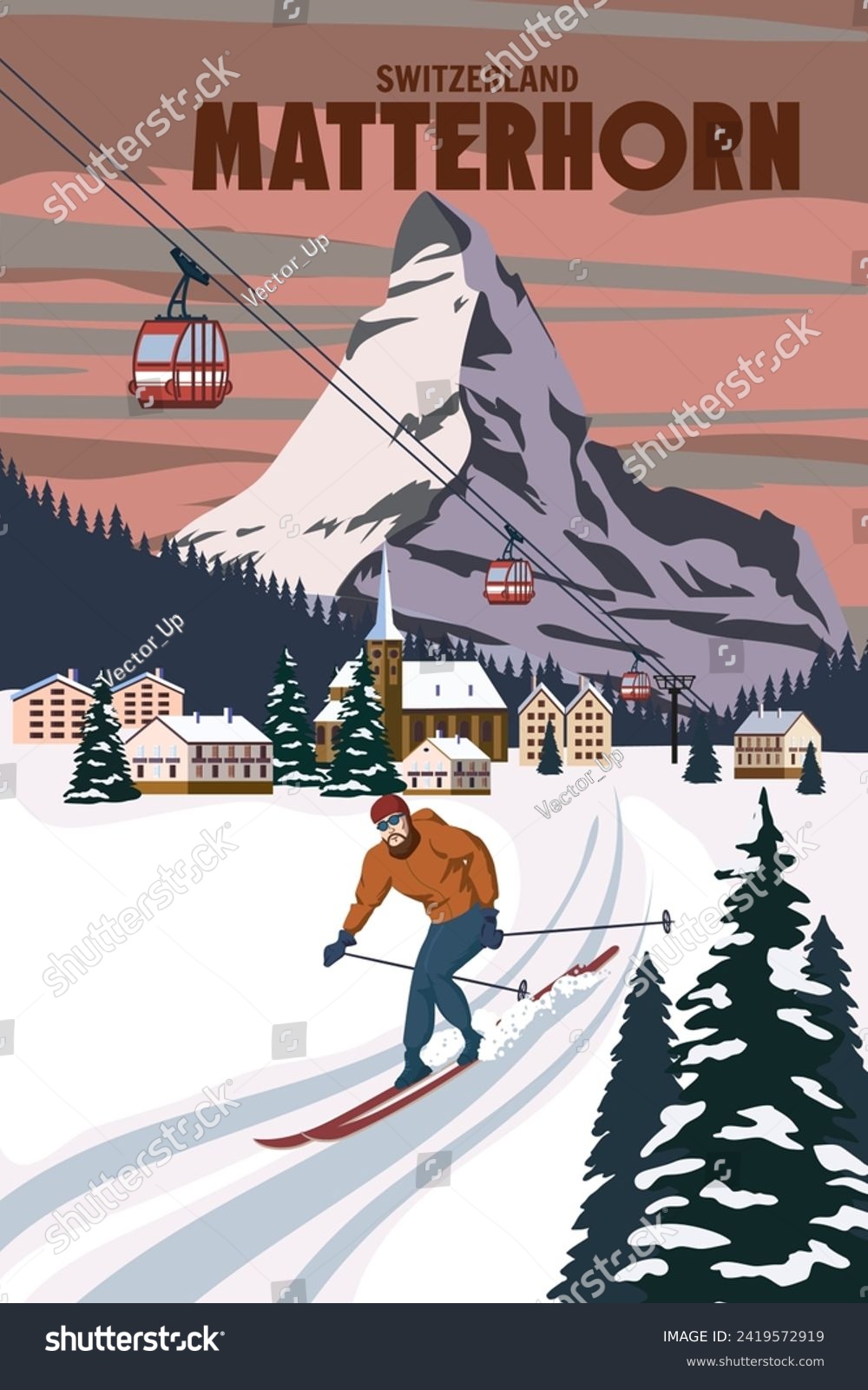 SVG of Matterhorn Ski resort poster, retro. Alpes Winter travel card svg