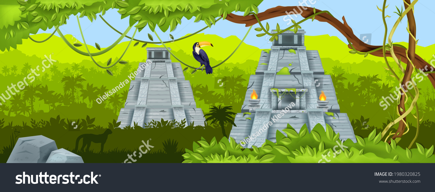 SVG of Maya ancient pyramid, jungle vector landscape, Mexico Aztec temple ruin, toucan, tropical rainforest. Travel green landmark background, archaeological stone structure. Maya pyramid, vine, liana, trees svg