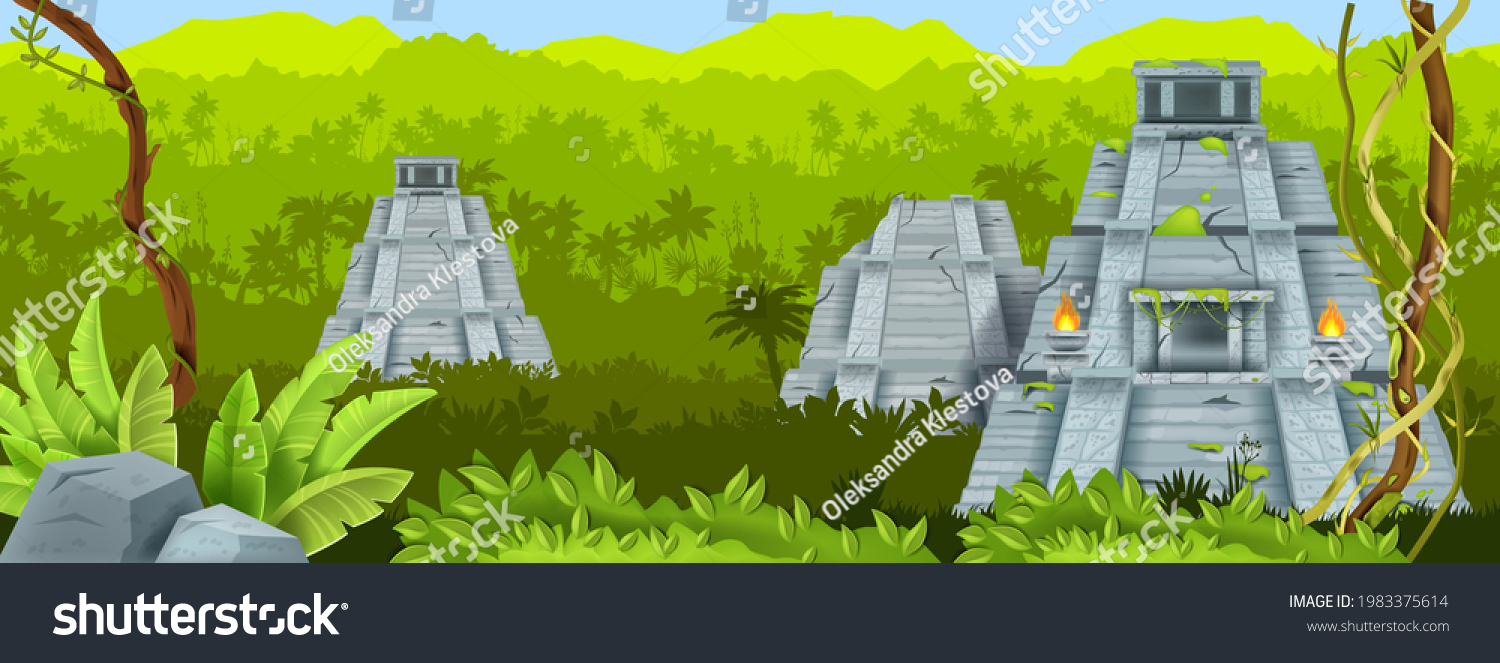 SVG of Maya pyramid vector illustration, ancient Mexico stone Aztec temple, green jungle landscape, liana. Old civilization ruin, travel landmark background, palm rainforest silhouette. Maya pyramid banner svg
