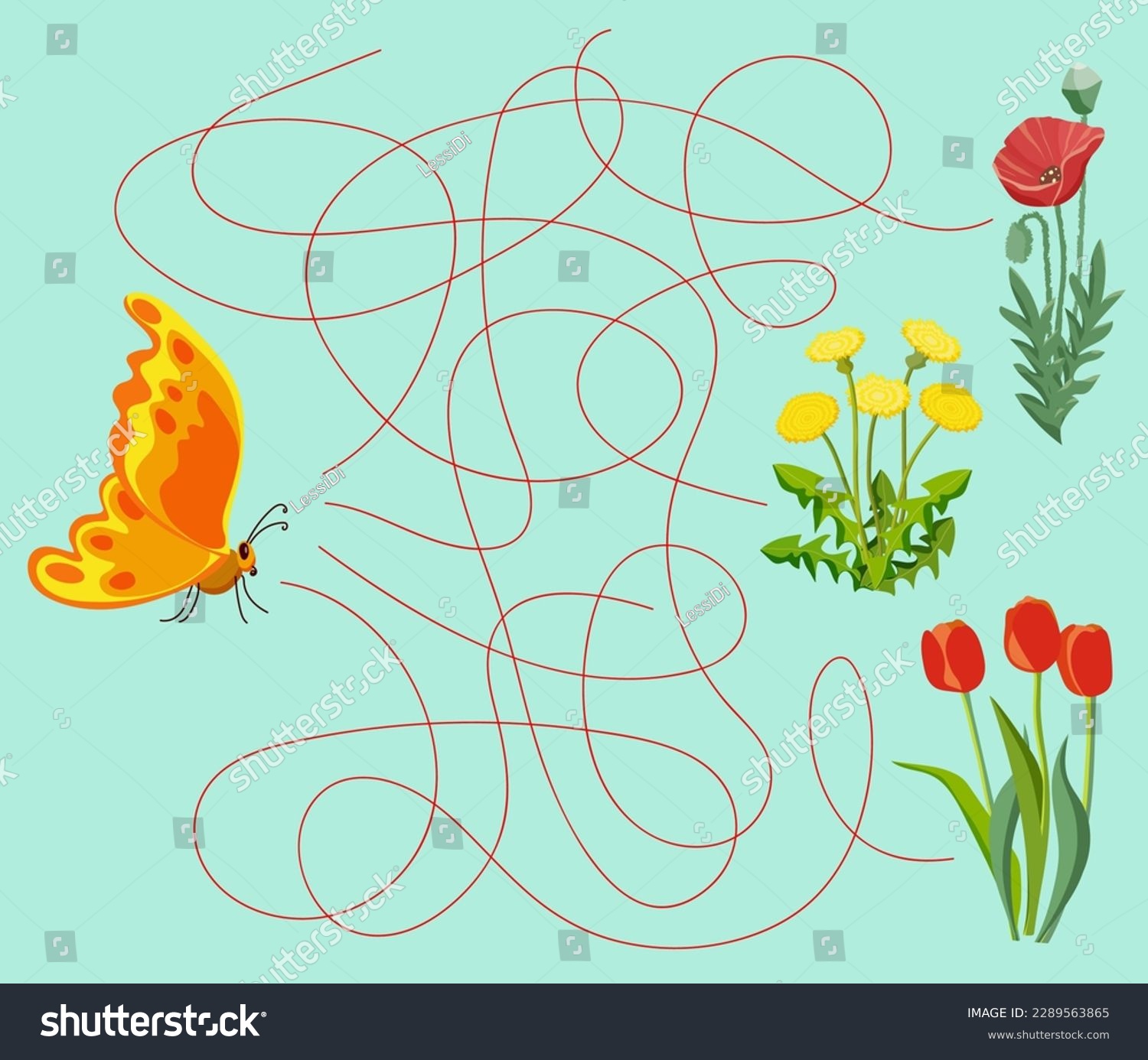 SVG of Maze educational game. Find which flower the orange butterfly will go to. Cartoon vector illustration for children's entertainment. svg