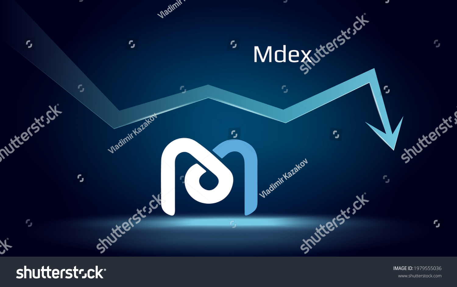 SVG of Mdex MDX in downtrend and price falls down. Cryptocurrency coin symbol and down arrow. Uniswap crushed and fell down. Cryptocurrency trading crisis and crash. Vector illustration. svg