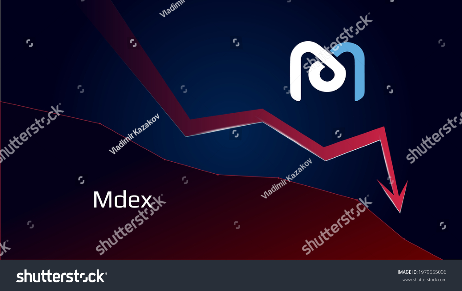 SVG of Mdex MDX in downtrend and price falls down. Cryptocurrency coin symbol and red down arrow. Uniswap crushed and fell down. Cryptocurrency trading crisis and crash. Vector illustration. svg