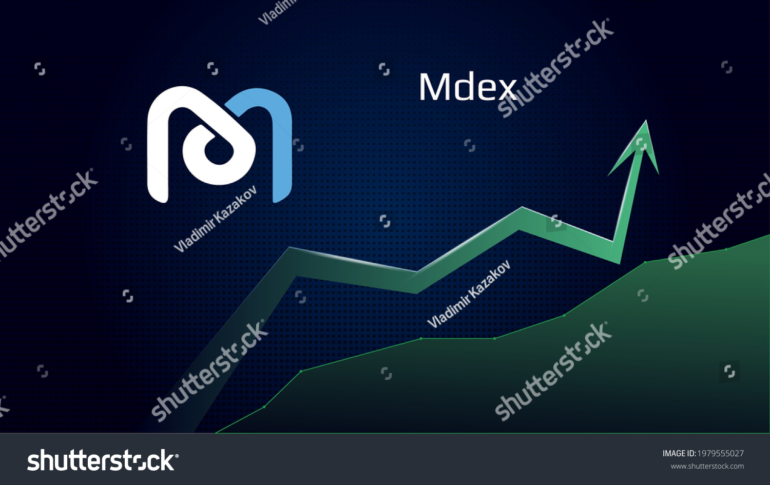 SVG of Mdex MDX in uptrend and price is rising. Cryptocurrency coin symbol and green up arrow. Uniswap flies to the moon. Vector illustration. svg