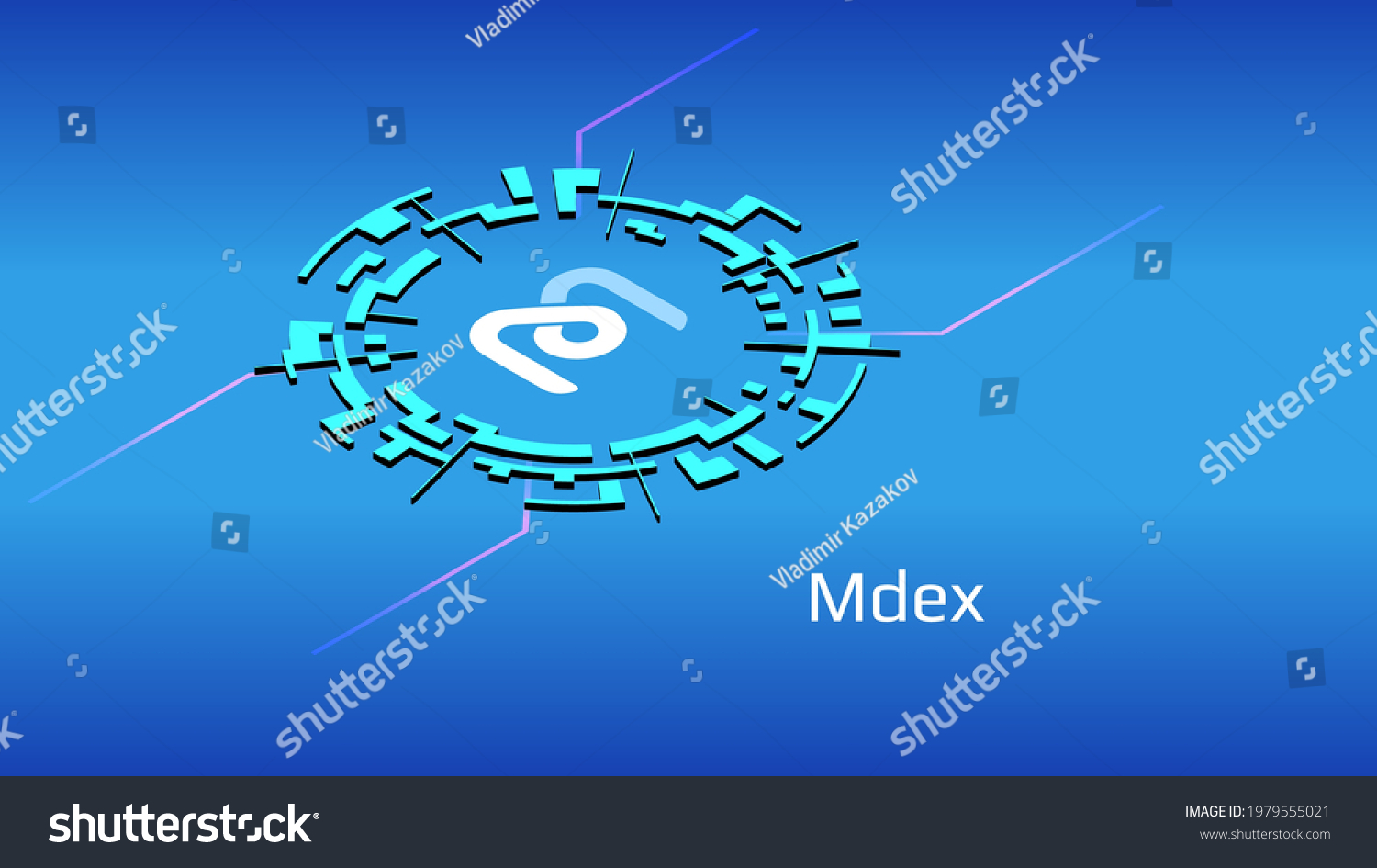 SVG of Mdex MDX isometric token symbol of the DeFi project in digital circle on blue background. Cryptocurrency coin icon. Decentralized finance programs. Vector illustration. svg