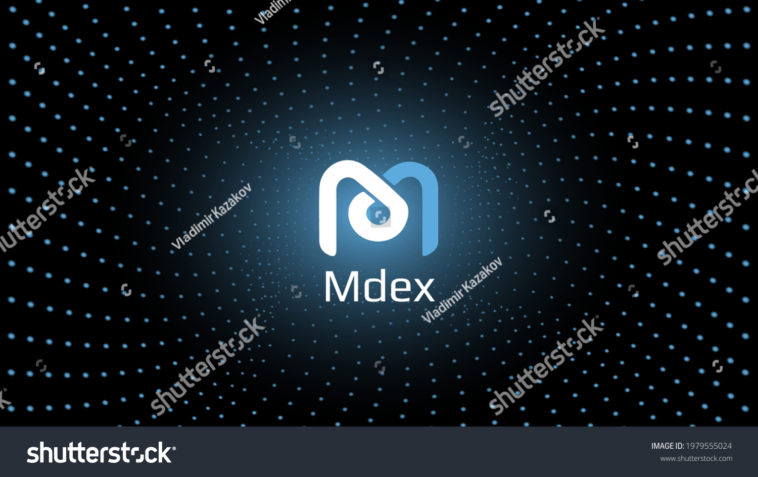 SVG of Mdex MDX token symbol cryptocurrency in the center of spiral of glowing dots on dark background. Cryptocurrency logo icon for banner or news. Vector illustration. svg