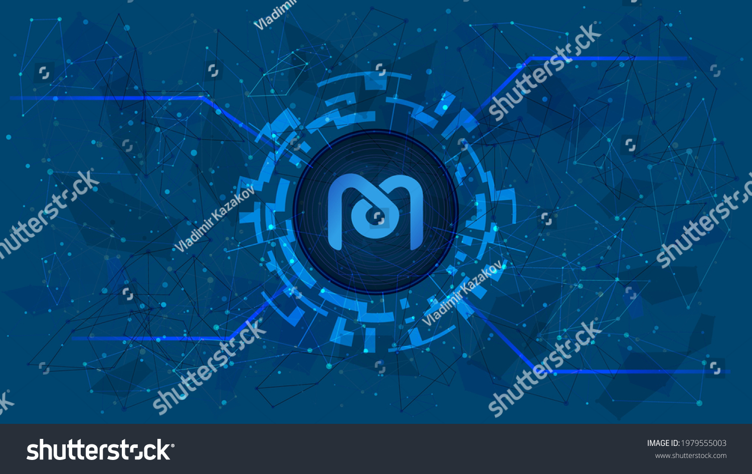 SVG of Mdex MDX token symbol of the DeFi project in digital circle with cryptocurrency theme on blue background. Cryptocurrency coin icon. Decentralized finance programs. Vector illustration. svg