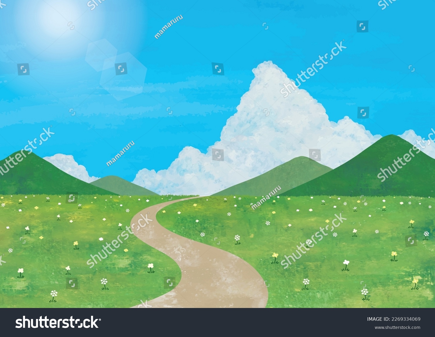 SVG of Meadow paths, mountains, and cumulonimbus clouds svg
