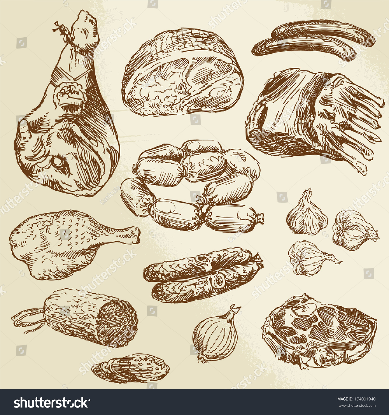 Meat Hand Drawn Collection Stock Vector Illustration 174001940