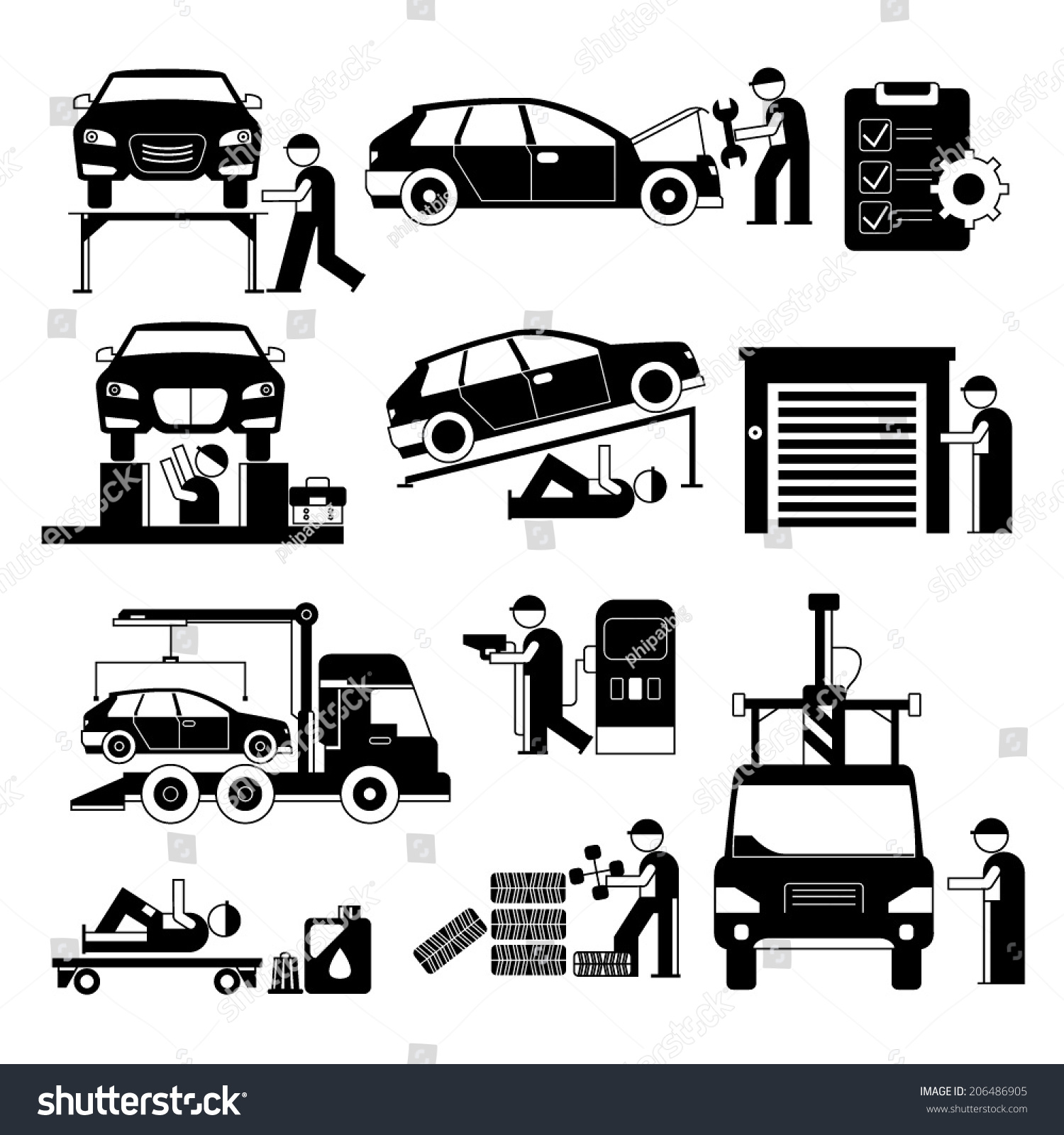 Mechanic Man Repair Car Set, Auto Service Man Icons, Garage Service ...