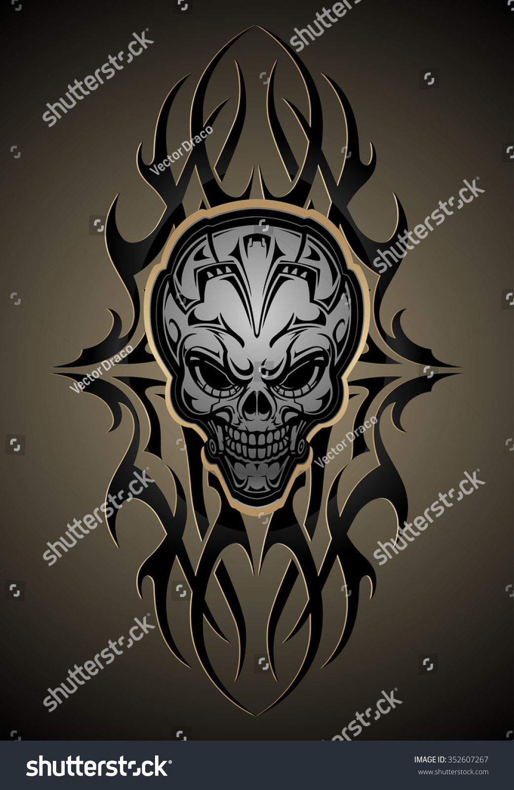Mechanical Skull Tattoorobotic Head Against Tribal Stock Vector ...
