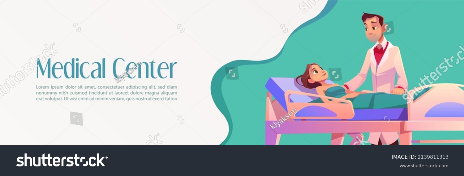 SVG of Medical center cartoon banner, doctor stand at patient bed at hospital chamber. Woman applying treatment in modern clinic with professional personnel and equipment, health care service Vector concept svg