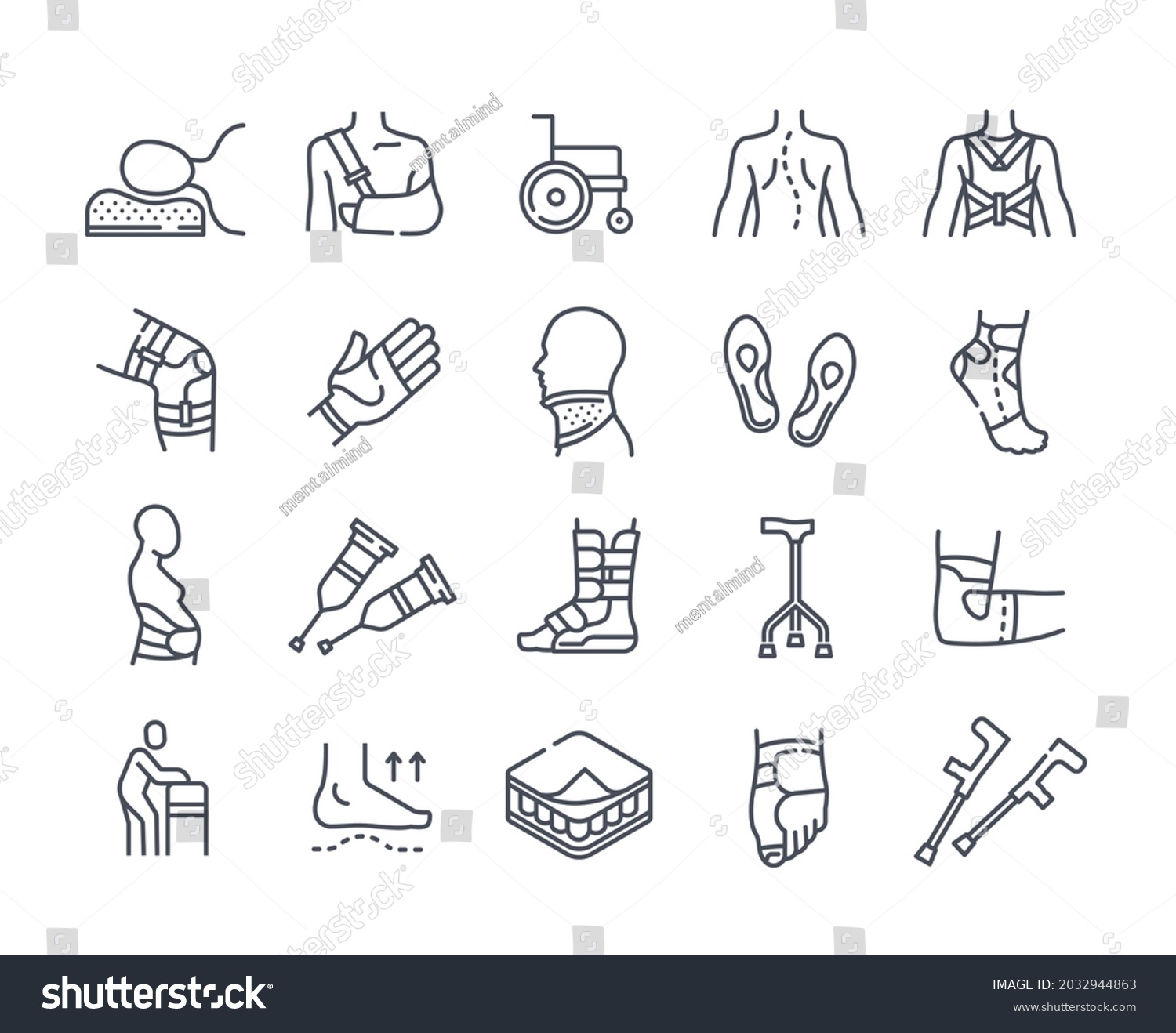 SVG of Medical Orthopedic Icons. Line of art stickers with various injuries of bones and joints. Body parts with bandages. Design elements for web. Cartoon flat vector set isolated on white background svg