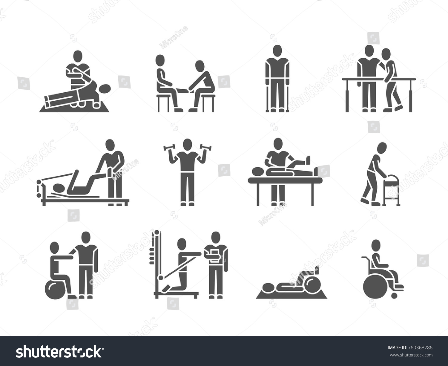 SVG of Medical physical therapy and people rehabilitation treatment black silhouette vector icons. Therapeutic and physiotherapy, recuperation and rehabilitation illustration svg