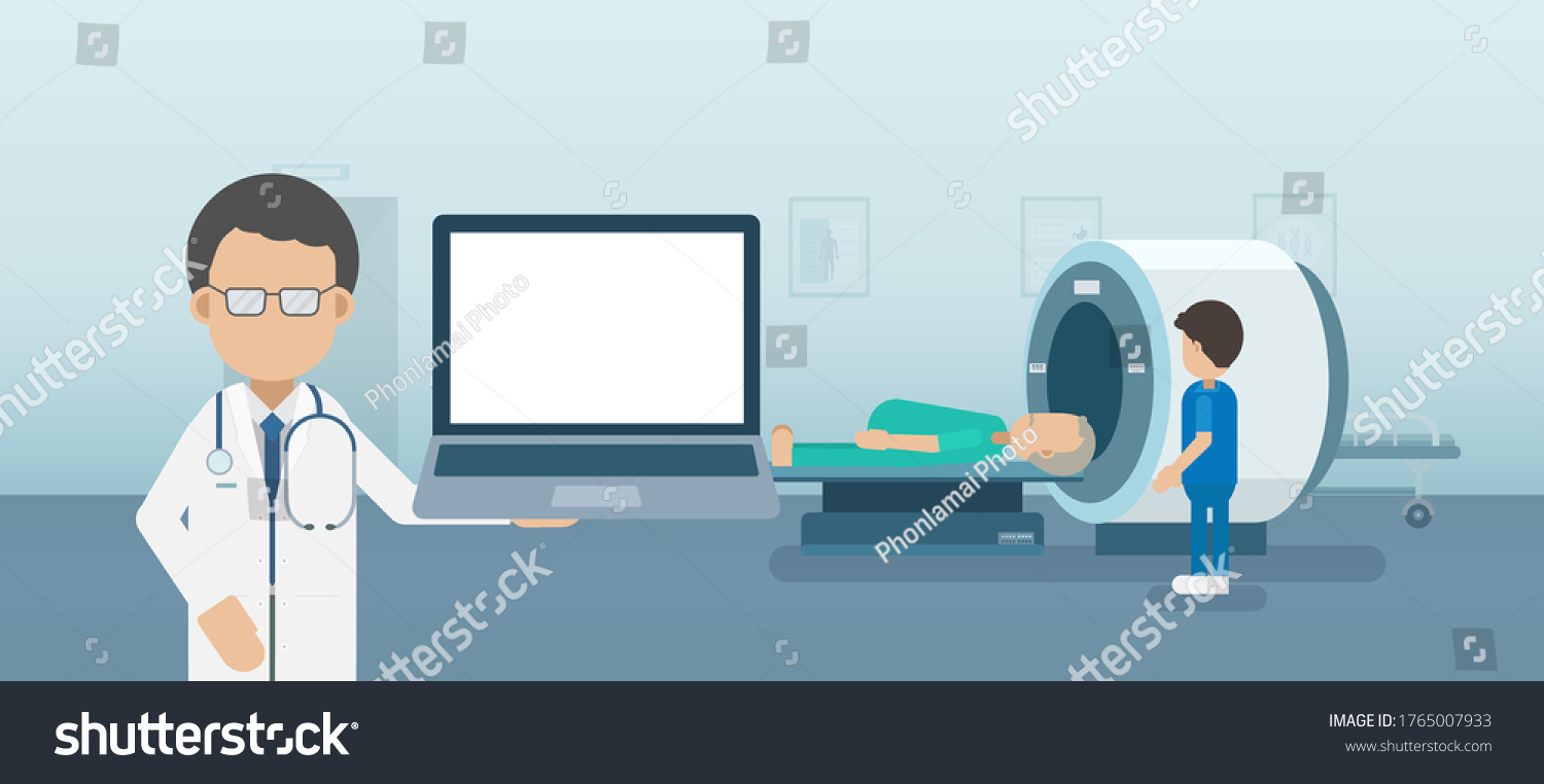 SVG of Medical service concept with blank screen notebook and patient with mri scan machine flat design vector illustration svg